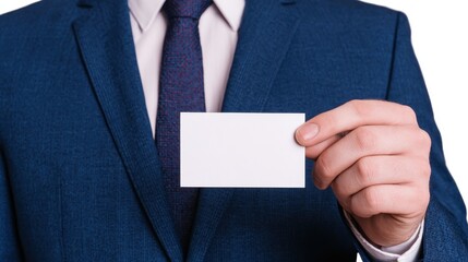 Wall Mural - A man in a blue suit and tie holds a blank white business card in front of a white background.