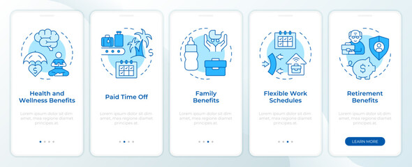 Wall Mural - Employment benefits blue onboarding mobile app screen. Work schedule. Walkthrough 5 steps editable graphic instructions with linear concepts. UI, UX, GUI. Montserrat SemiBold, Regular fonts used