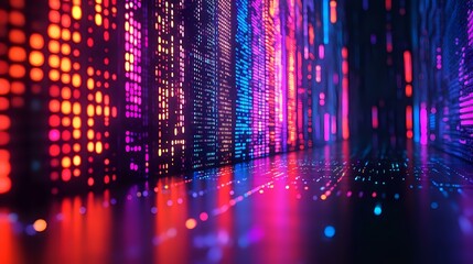 Vibrant digital matrix with glowing red and blue neon lights creating depth perspective. Futuristic technology background with bokeh effect and vertical light streams.