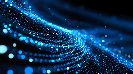 Glowing blue particles forming wave pattern against dark background with bokeh light effects and dynamic motion trails. Digital network concept.