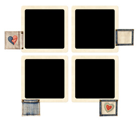 set of retro frame photos with denim patch. collection of photoframe with jeans labels for scrapbook