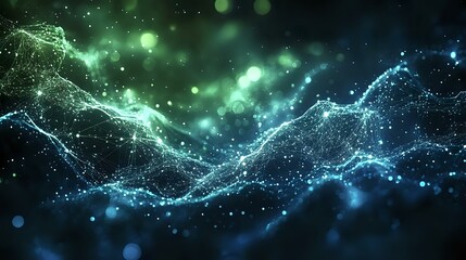 Abstract digital wave of glowing particles and dots creating dynamic flowing lines against dark background in blue and green colors. Futuristic network concept.