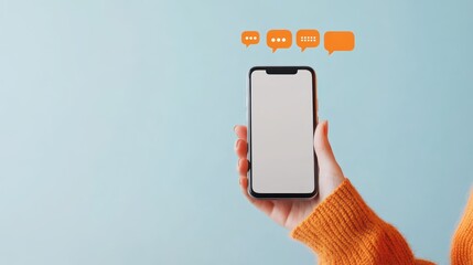 Hand holding smartphone with blank screen and chat bubbles, digital communication concept, texting on mobile device, social media interaction, modern technology.