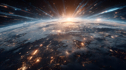 Wall Mural - black and blue futuristic background with glowing sunrise over earth, satellites and rockets orbitin