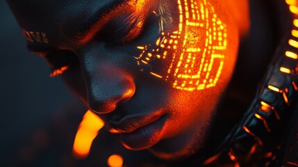 Wall Mural - a striking portrait featuring a person with glowing patterns on their face. the vibrant colors empha