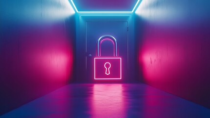 Wall Mural - a colorful neon lock stands in a dark hallway. the bright pink and blue lights create a vibrant atmo