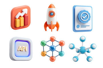 a colorful 3d illustration displaying various technology icons including a rocket, graphs, and a net