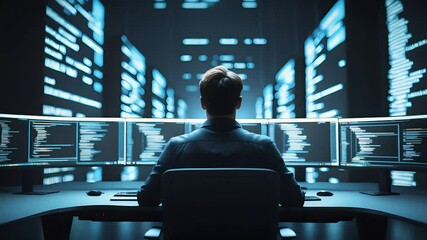 Man Sitting at Multi-Screen Computer Setup in Dark Room Surrounded by Digital Code on Monitors in High-Tech Cyber Environment

