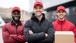 © watcharee - Three smiling delivery men wearing red caps and jackets, one holding a cardboard box, standing outdoors in an urban setting.