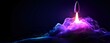 © Yuliia - Glowing rocket launch through vibrant purple and blue clouds against dark sky, creating magical luminous trail effect for space exploration and startup concepts.