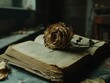 © Elegance Frames - A dried, withered rose resting on an open book, evoking a nostalgic and poetic feel