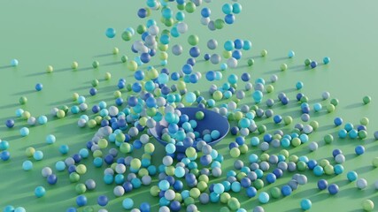 Abstract 3d loop with falling green-blue spheres in rhythmic, mirrored motion, seamless background for elegant content design, media visuals, and creative presentations