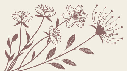 Naklejka na meble Elegant sepia line art illustration of various hand-drawn minimalist botanical flowers with stems and leaves on a light beige background, ideal for decorative vintage designs.
