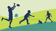 © Georgking - Active family and friends playing frisbee and running on a vibrant green grassy hill. Dynamic outdoor fun illustration with minimalist silhouettes.