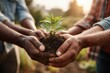 © whitestorm - Close-up of a group of diverse hands gently holding a seedling with soil, symbolizing growth and hope, unity in planting for a sustainable future, and shared responsibility.