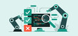 © png-jpeg-vector - robotic arms performing automated software testing on computer screen, vector illustration for automated testing, pass fail quality assurance visualization