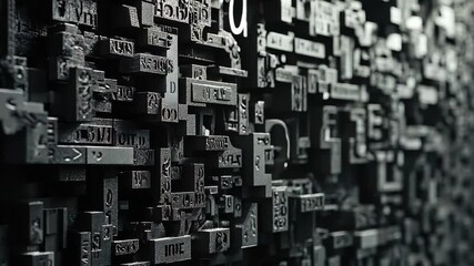Complex coding text rendered in a three dimensional array showcasing intricate details and design, Coding text 3D render