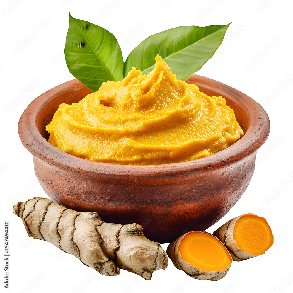 Turmeric Pacet Image Turmeric paste in a clay bowl with cracked roots and leaves beside ...