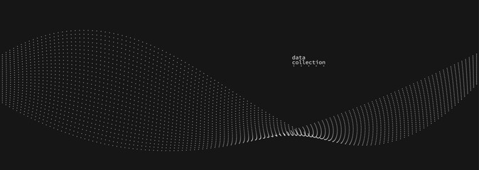 Grey dots in motion vector abstract background over black, particles array wavy flow, curve lines of points in movement, technology and science illustration.