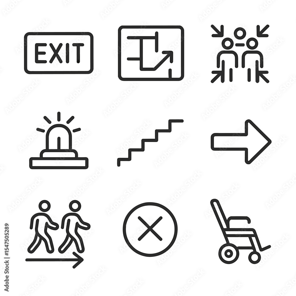 Evacuation Icons Grid. Outline icon set of evacuation procedures: exit ...