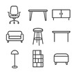 © Coosh448 - Furniture Icon Set. Outline icon set of furniture design icons: ergonomic office chair, dining table silhouette, sideboard cabinet