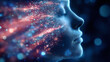 © Yuliia - Ethereal female profile silhouette with glowing particles and cosmic dust in blue and coral colors against dark background, mystical artistic portrait.
