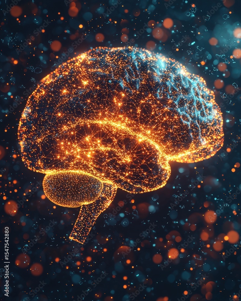 Digital illustration of a glowing neural network brain with ...