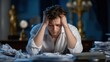 © si9nzation - Stressed young man with head in hands at a desk full of papers conveys burnout overwork and anxiety in the modern professional world affecting mental health