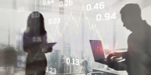 Wall Mural - Double exposure of abstract financial graph on office buildings background traders concept