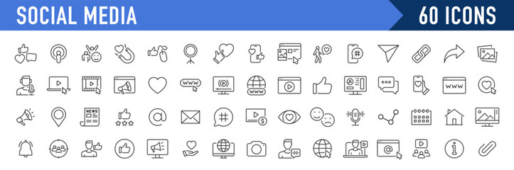 Social media and web icons in line style. Data analytics, blogging, seo, digital marketing, management, message, phone, collection. Vector illustration.