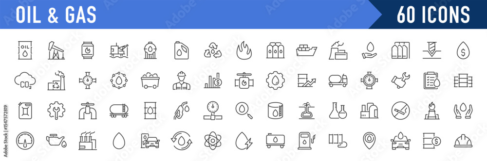 Oil and Gas web icons in line style. Fuel, gas station, refinery ...