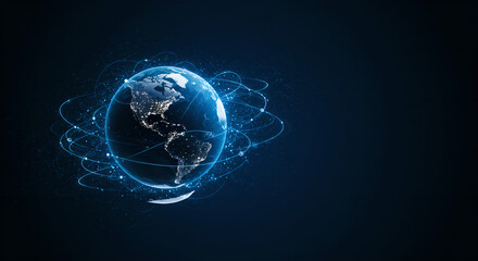 Wall Mural - digital earth with global network connectivity. world map with glowing light cities. international i
