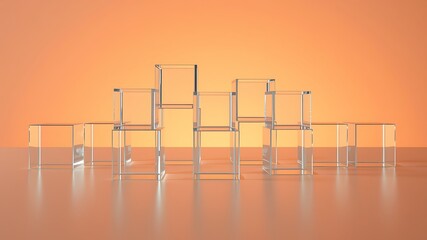 Canvas Print - Orange Background Clear Glass Cubes Abstract Geometric Structure Minimalist Design transparent