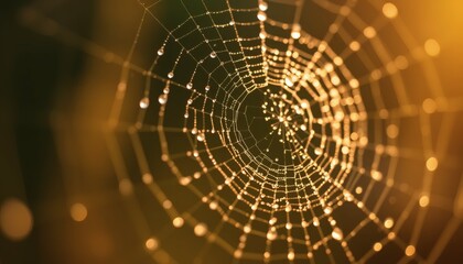 Spider Web with Water Droplets Illuminated in Golden Light Nature Macro