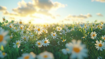 Wall Mural - Field of daisies at sunset