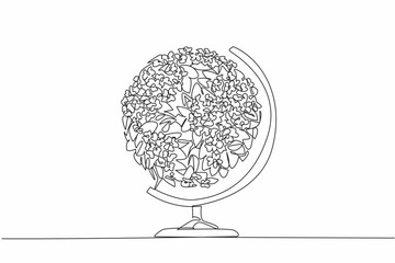 Wall Mural - single one line drawing small globe made of flowers and leaves. green planet. high in oxygen. health