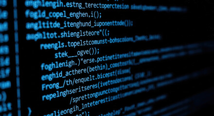 close-up of software code displayed on a dark computer screen, symbolizing development, cybersecurit
