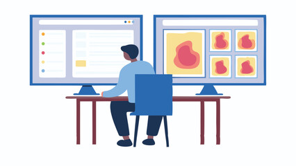 Person sitting at desk with two computer monitors displaying different content and user interface elements