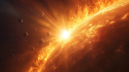 Wall Mural - fiery cosmic event displaying solar flare eruptions and asteroid field around an exploding planet