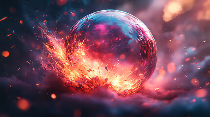 Wall Mural - fiery orb collision a translucent sphere breaking with intense energy and debris in a cloudscape