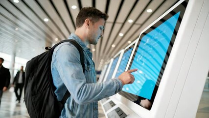 Man uses touchscreen kiosk at modern airport terminal
