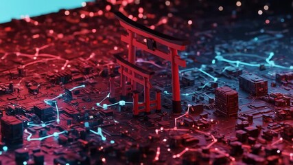 Sticker - an artistic representation of a torii gate on a circuit board: a fusion of traditional architecture 