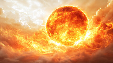 Wall Mural - fiery sun amidst turbulent clouds of energy hot glowing star abstract space concept powerful celesti