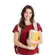 © PERFECTisME - A cheerful student holding a stack of books and notebooks. standing against a plain white background. representing academic success and study motivation. ideal for educational content