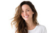 © PERFECTisME - A cheerful young woman with long. flowing hair smiles warmly at the camera. set against a soft. neutral background. conveying a sense of happiness and positivity ideal for lifestyle imagery
