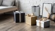 © Juan - Gift boxes with minimalist wrapping on wooden floor in living room for celebration branding product holiday concept cozy
