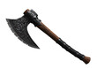 © Te - Ornate battle axe with patterned blade and leatherwrapped handle presented against a black backdrop