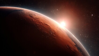 Wall Mural - Mars Sunrise: Red Planet Landscape with Starry Background