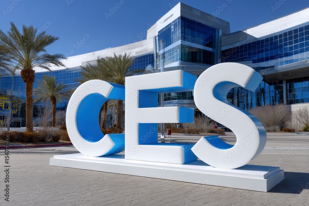 Large CES sign stands before modern glass building on a sunny day Stock ...
