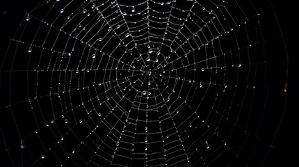 A close-up, highly detailed view of a spider web covered in numerous clear water droplets, forming intricate patterns, set against a completely dark or black background